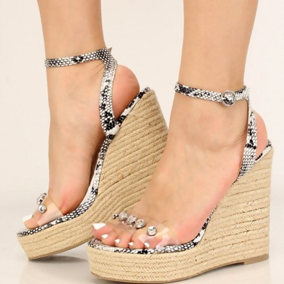 Shoes - NEW Black White Snake Print Espadrille Wedges